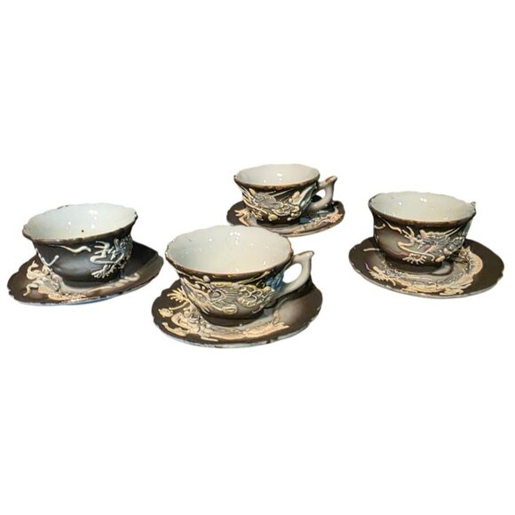 DRAGON Ware Black Moriage Tea Cup and Saucer Japan Demitasse Set Embossed Design - Picture 1 of 16
